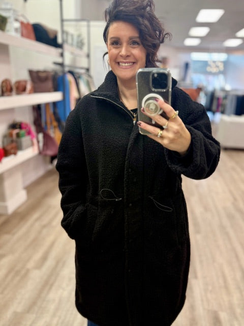 Mila Long Sherpa Jacket with Drawstring Waist in Black