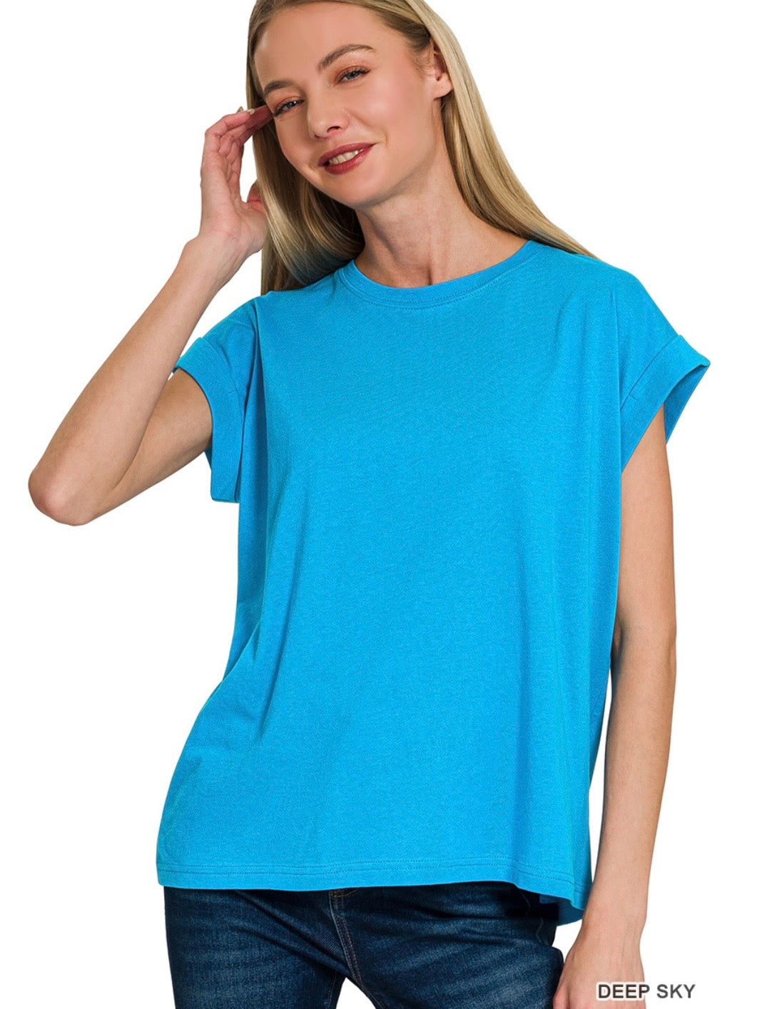 The Remi Tee in Deep Sky, Classic Blue, Kelly Green, Turquoise and Dark Green (Forest)