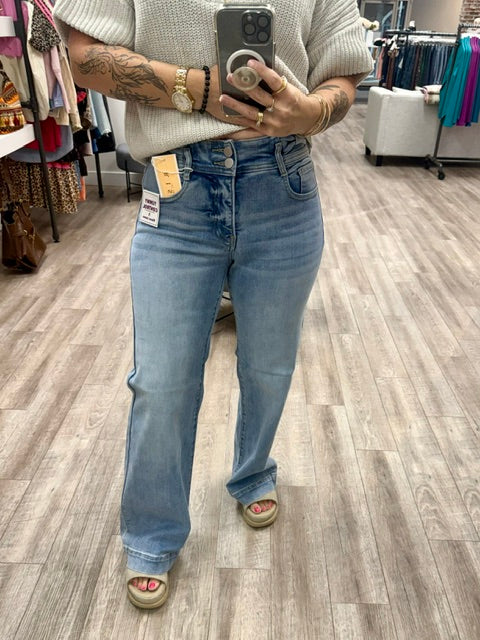 Risen Tummy Control High Rise Wide Leg Bow Waistband Jeans in Light Colour
