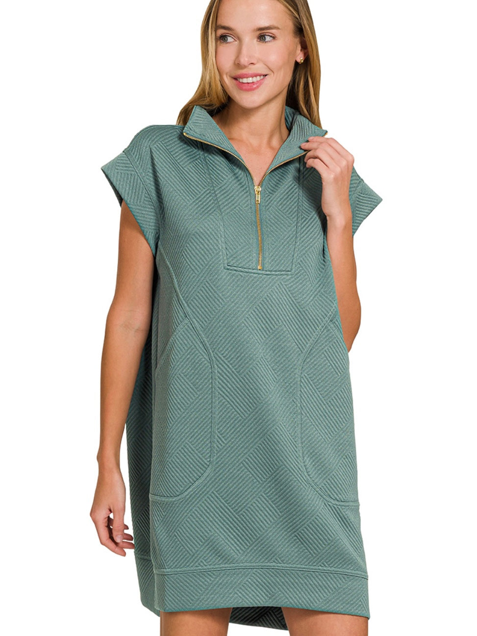 Textured Knit Quarter Zipper Mini Dress Ash Jade
