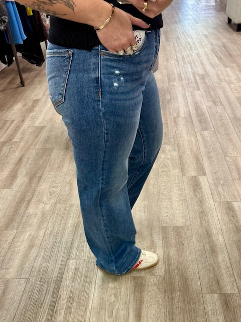 Tummy Control Elastic Band High Rise Wide Leg Jeans in Medium