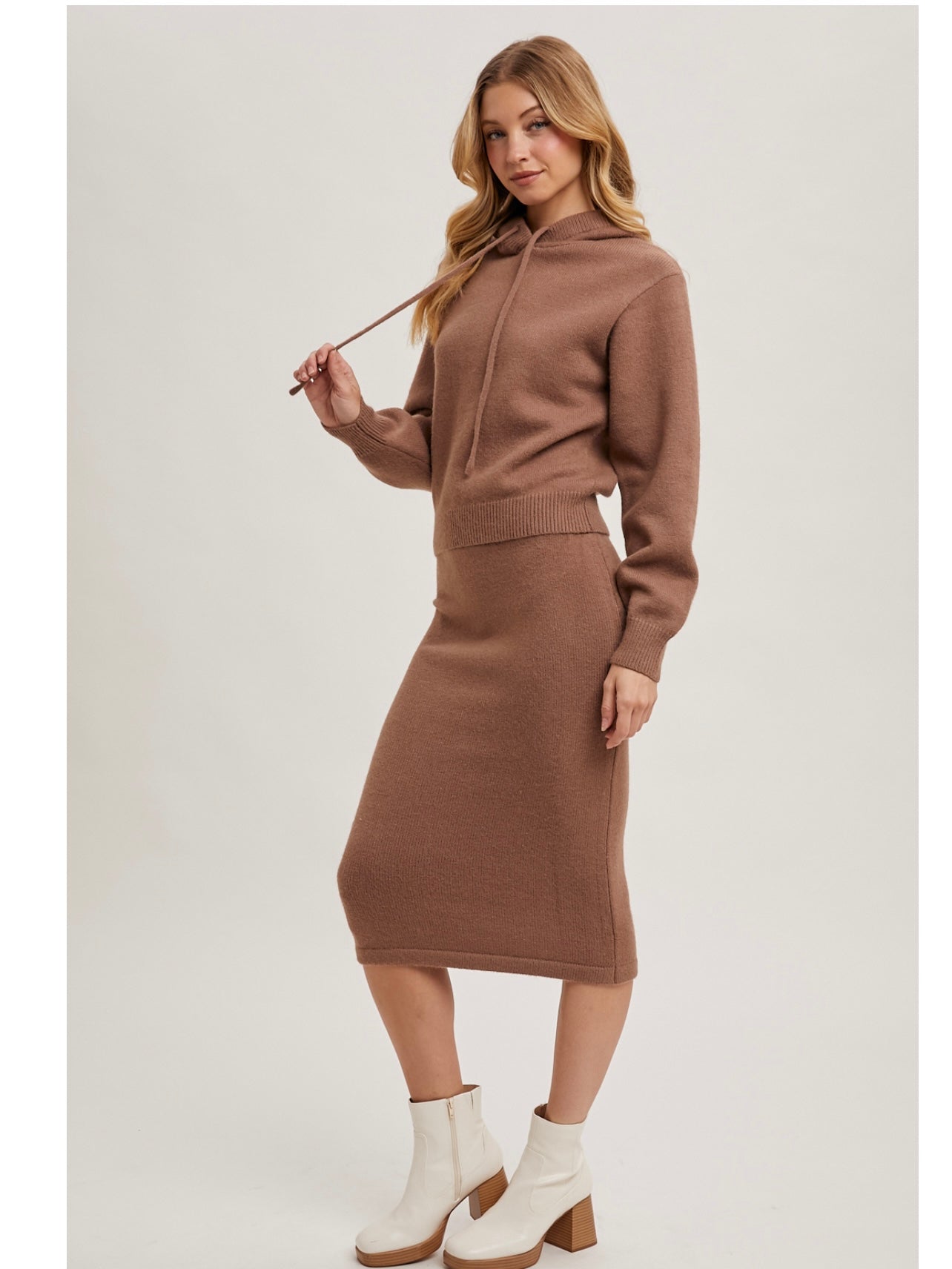 Knit Hoodie Top and Pencil Skirt Set in Mocha