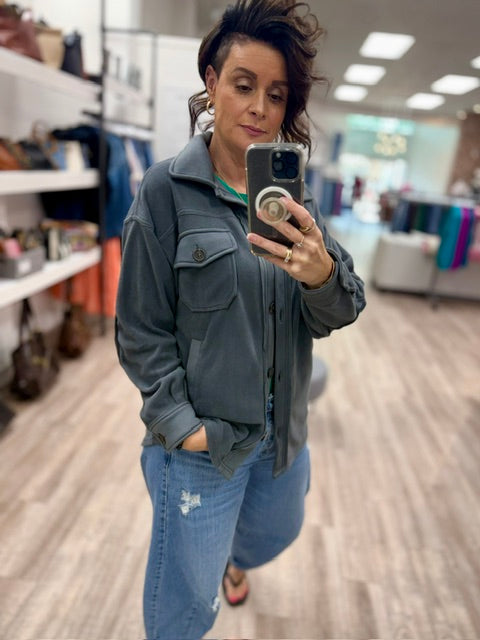 The Weekend Fleece Shacket in Ash Grey