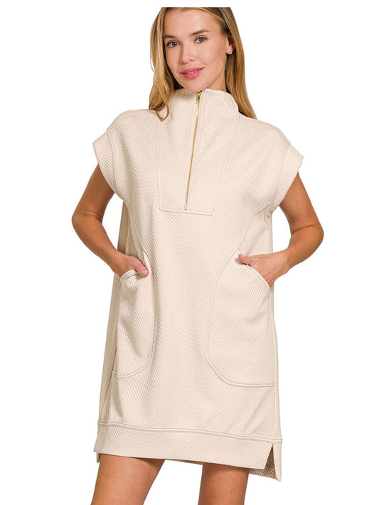 Textured Quarter Zipper Dress in Sand Beige