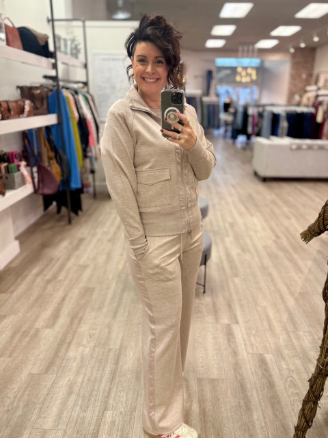 Saruna Soft Knit With Satin Trim Mock Neck Jacket in Taupe Mel