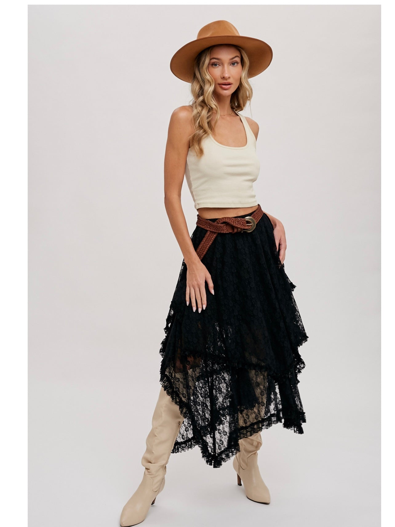 Lace Tier Midi Skirt in Black