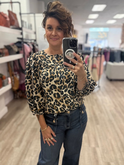 Animal Print Puff Sleeve Button Down Shirt in Almond
