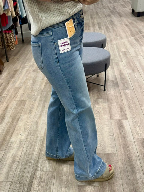 Risen Tummy Control High Rise Wide Leg Bow Waistband Jeans in Light Colour