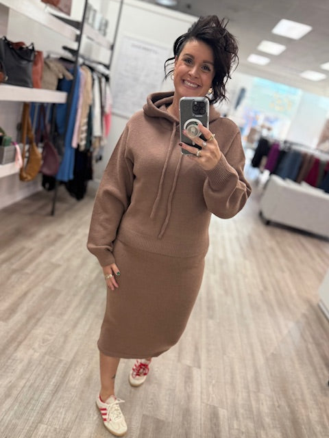 Knit Hoodie Top and Pencil Skirt Set in Mocha