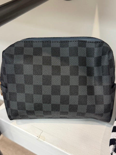 Vegan Leather Checkered Cosmetic Bag in Black