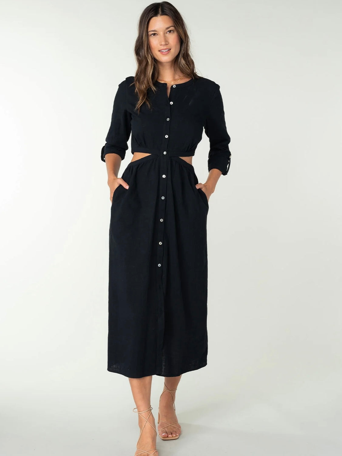 3/4 Sleeve Button Down Cut Out Midi Dress in Black