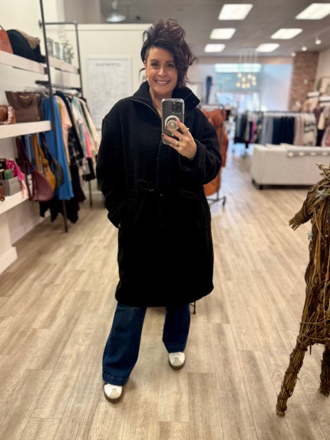 Mila Long Sherpa Jacket with Drawstring Waist in Black