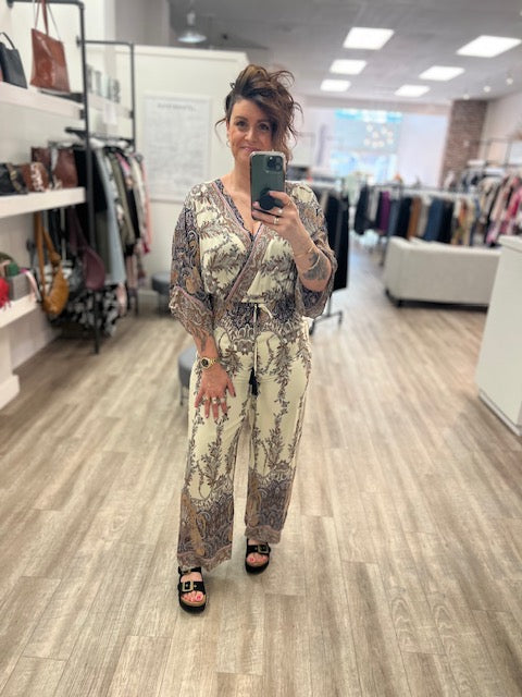 Paisley Print Wrap Jumpsuit in Navy
