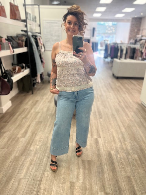 Lace Trimmed Button Down Floral Spaghetti Tank in Natural/Pink