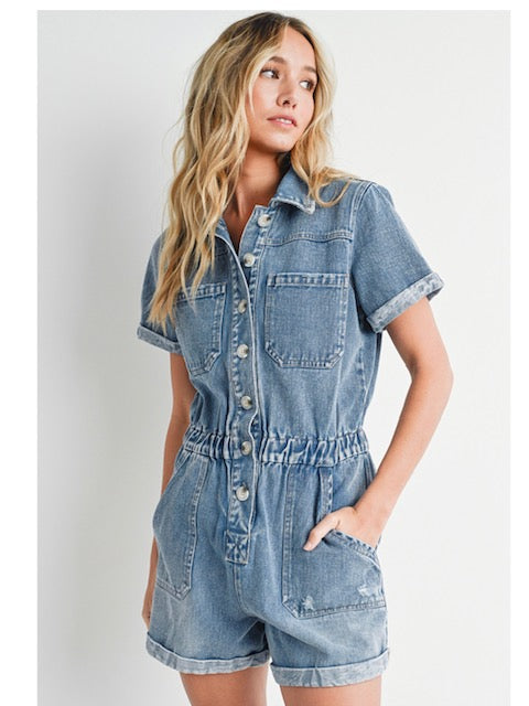 Washed Denim Short Sleeve Romper in Medium Wash