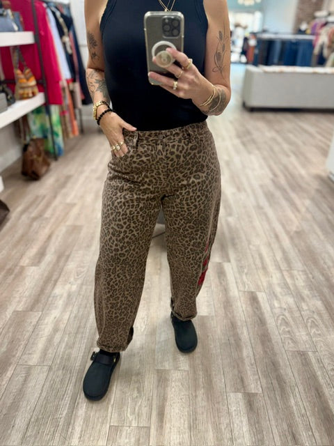 Wild Rose Leopard Barrel Jeans