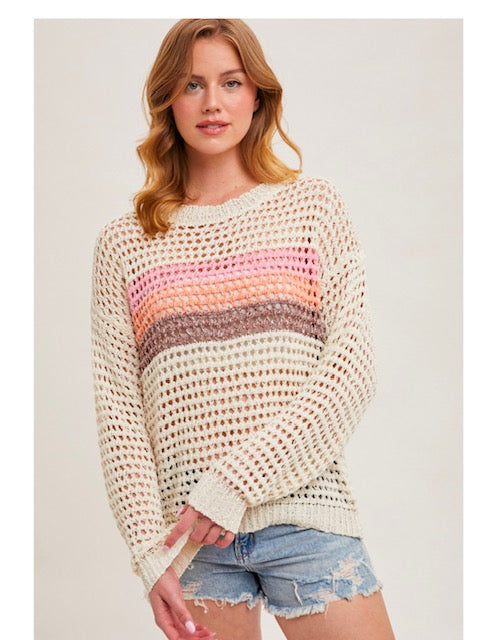 Colour Block Open Knit Sweater in Ivory