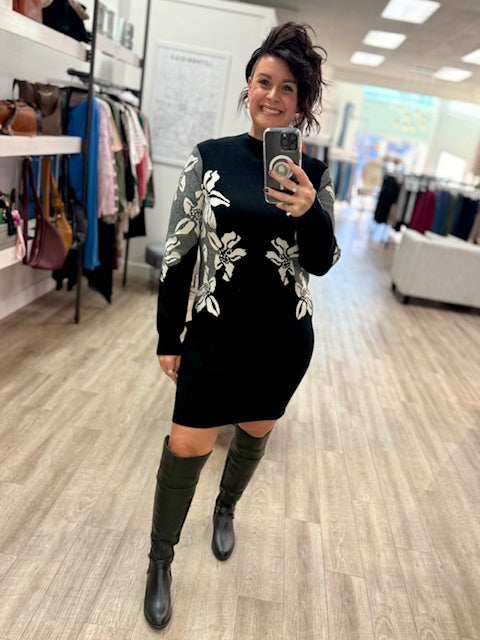 Shadow Blossom Sweater Dress in Black