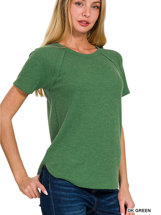 Waffle Short Sleeve Top in Dark Green