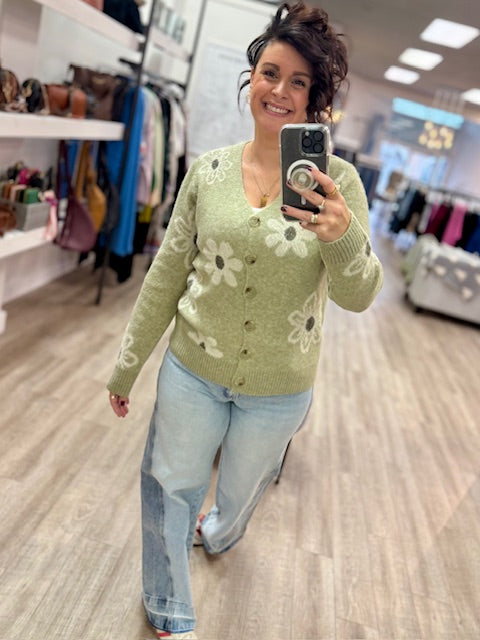 Daisy Meadow Cardigan in Khaki Green