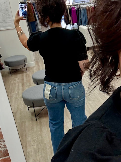 Tummy Control Elastic Band High Rise Wide Leg Jeans in Medium