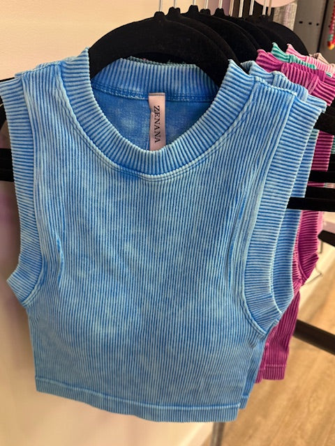 Ribbed Crop Top with Removable Pads in Violet, Deep Sky, Kelly Green, Bright Mauve, Plum, Teal and Sleet