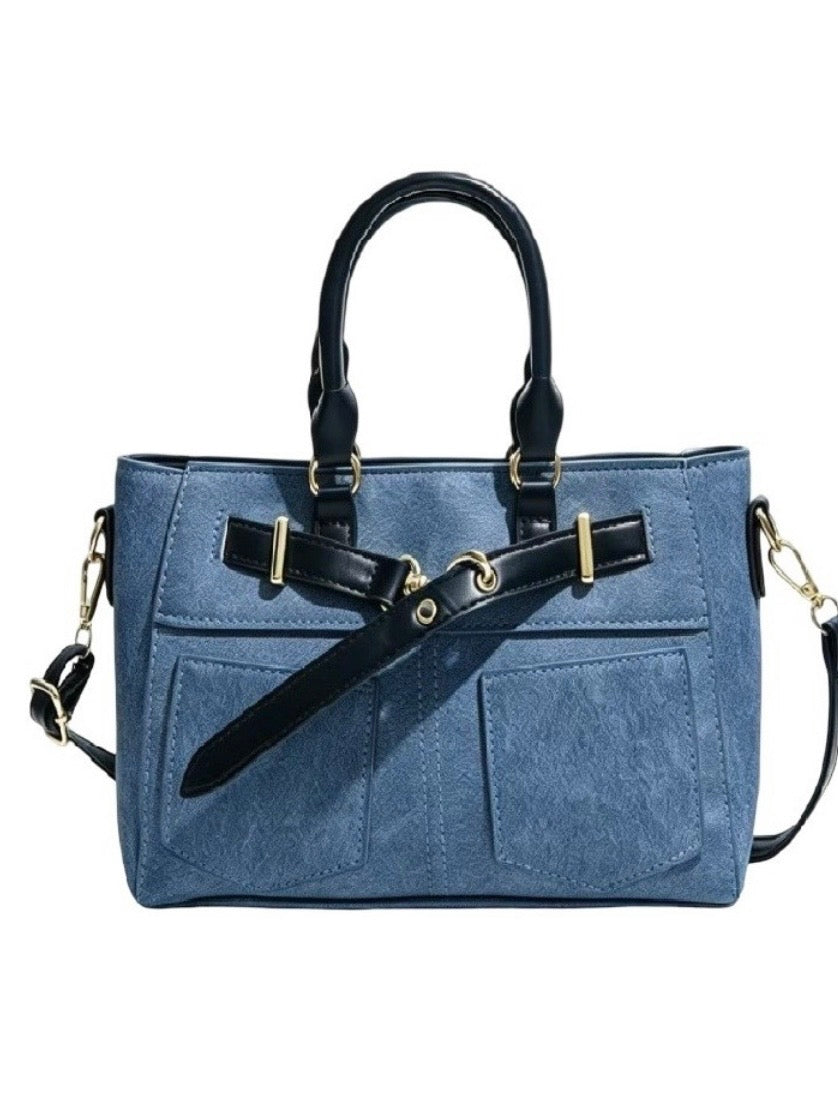 Denim Patch Pocket Tote Bag in Ivory, Black and Brown