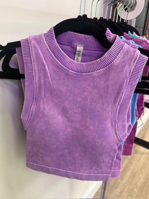Ribbed Crop Top with Removable Pads in Violet, Deep Sky, Kelly Green, Bright Mauve, Plum, Teal and Sleet