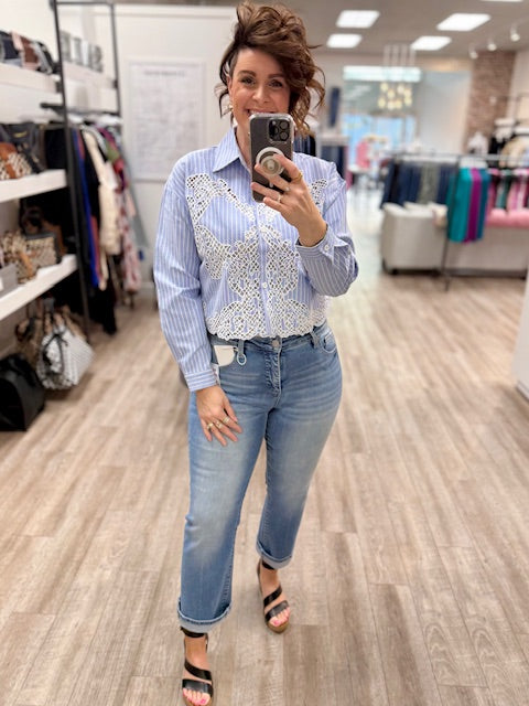 The Bluebell Lace Button-Up Shirt in Riviera