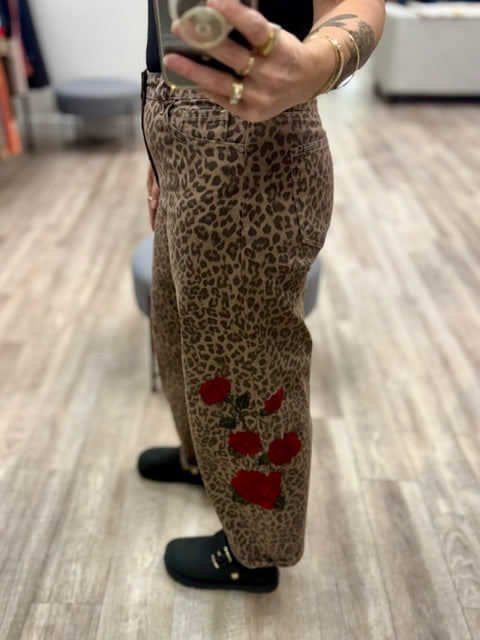 Wild Rose Leopard Barrel Jeans
