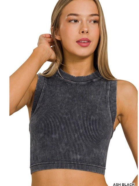 Stone Washed Ribbed Seamless Crop Top in Black