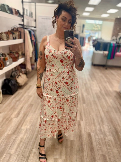 Rosewater Ruffle Midi Dress in Red