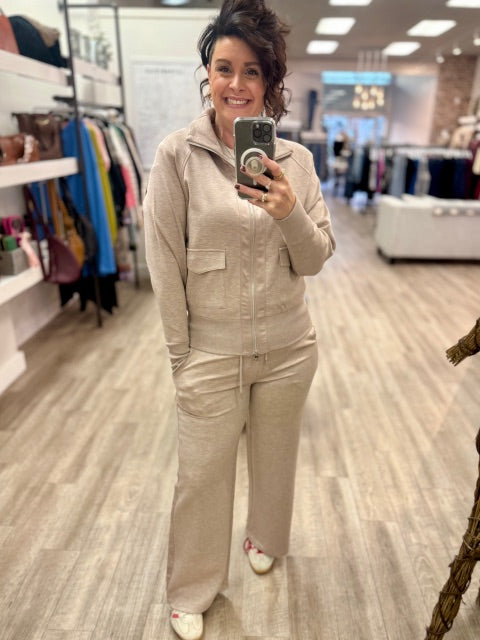 Saruna Soft Knit With Satin Trim Mock Neck Jacket in Taupe Mel