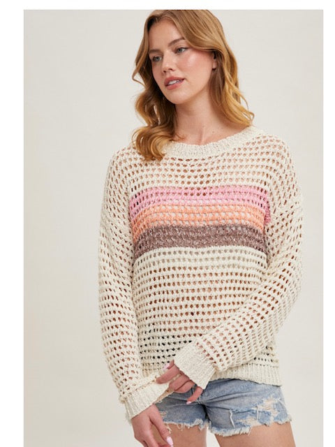 Colour Block Open Knit Sweater in Ivory