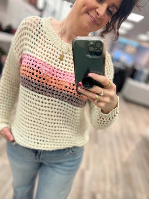 Colour Block Open Knit Sweater in Ivory