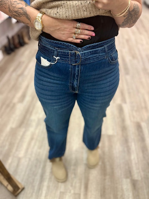 Kaas High Rise Belted Paper Bag Straight Leg Jeans