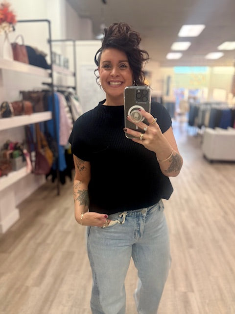 Mock Neck Short Sleeve Sweater in Black