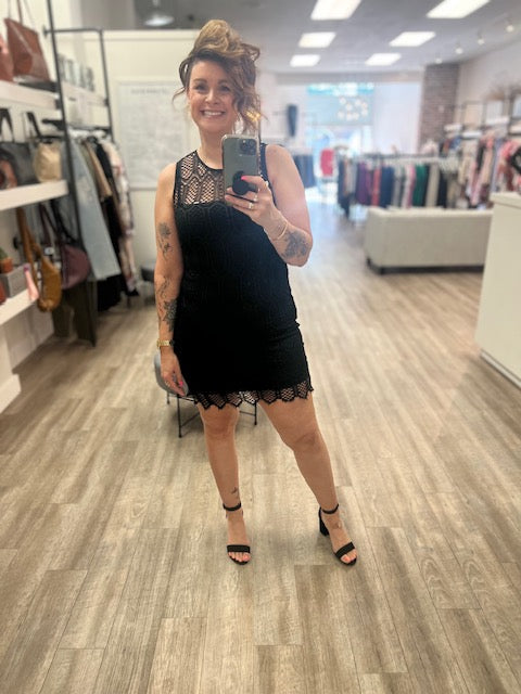 Black Lace Round Neck Tank Mini Dress