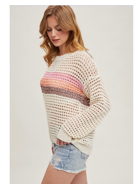 Colour Block Open Knit Sweater in Ivory