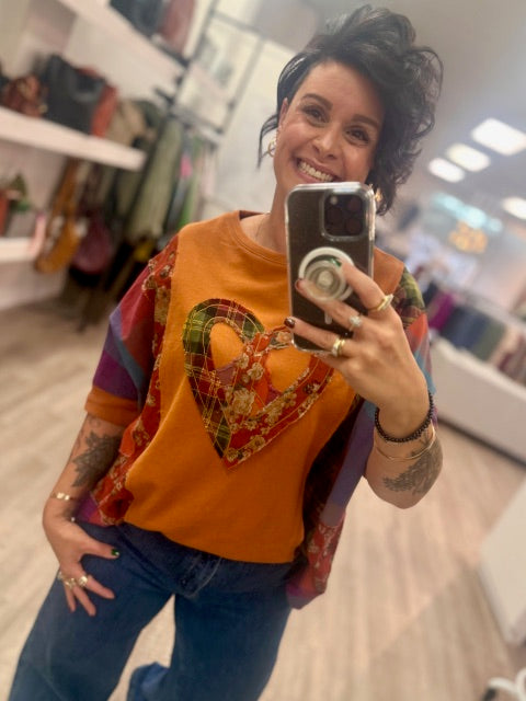 Print Mix Heart Peace Patch Tee in Persimmon