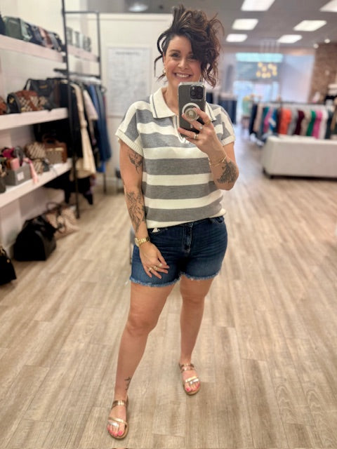 Varsity Stripe Sweater in Heather Grey