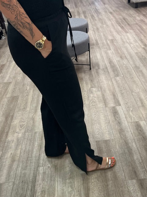Linen Drawstring Pants in Black