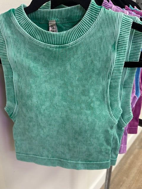 Ribbed Crop Top with Removable Pads in Violet, Deep Sky, Kelly Green, Bright Mauve, Plum, Teal and Sleet