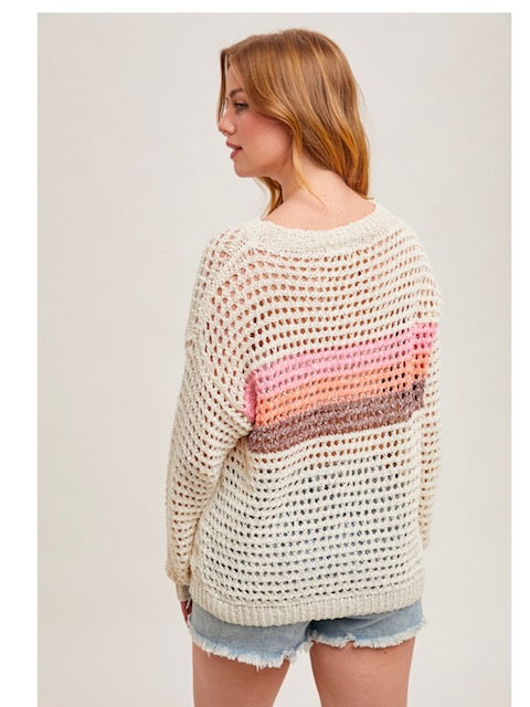 Colour Block Open Knit Sweater in Ivory