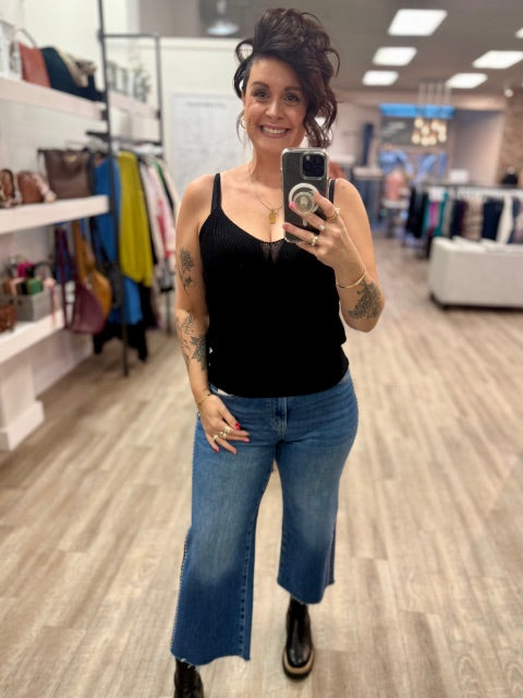 V-Neck Ribbed Knit Tank Top in Black