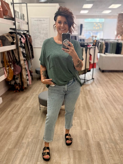 Oversized Slub Hacci Top With Pocket in Ash Jade