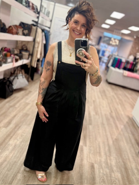 Linen Wide Leg Overalls in Black