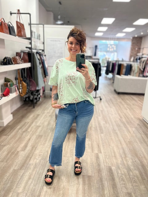 Flower Printed Cotton Jersey Top in Mint