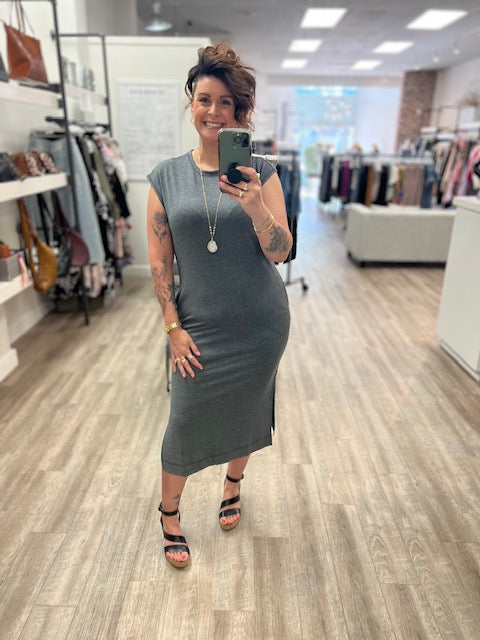 French Terry Sleeveless Round Neck Midi Dress in Grey