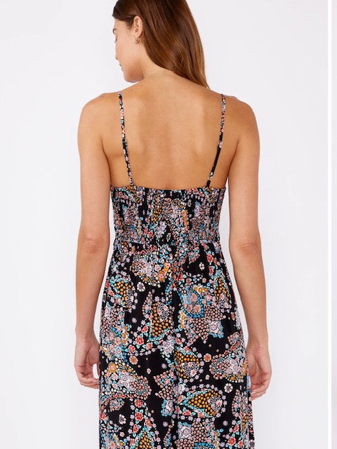 Floral Spaghetti Strap Lace Trim Maxi Dress in Black/Light Blue